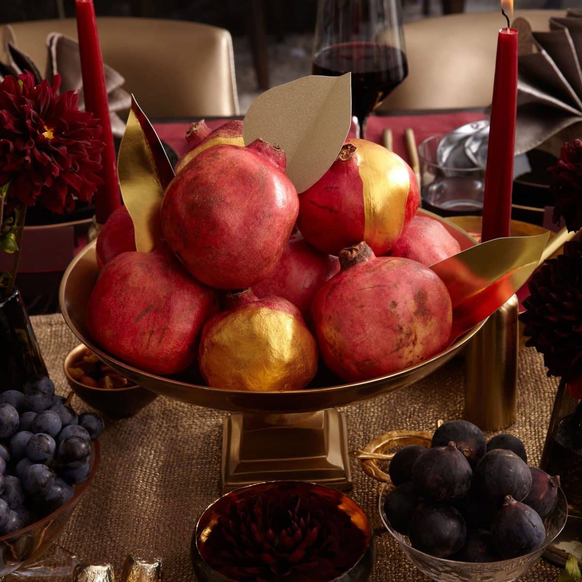 Darcy Miller Designs Pomegranate Thanksgiving Table Thanksgiving, Tablescape, Table Décor, Fall Décor, Autumn Décor, Pomegranate, Table Setting, Centerpiece Inspiration, Gold Paint