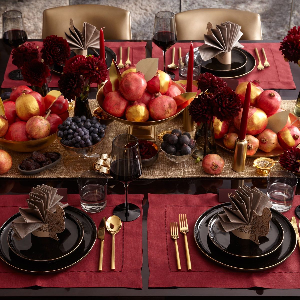 Darcy Miller Designs Pomegranate Thanksgiving Table Thanksgiving, Tablescape, Table Décor, Fall Décor, Autumn Décor, Pomegranate, Table Setting, Centerpiece Inspiration, Gold Paint