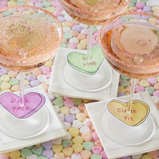 Darcy Miller Designs, Champagne Charms, Valentine, Galentines, wine charm, champagne, conversation heart, paper heart, candy heart, hostess, easy, paper charm, sugar rim, Darcy Miller, DIY
