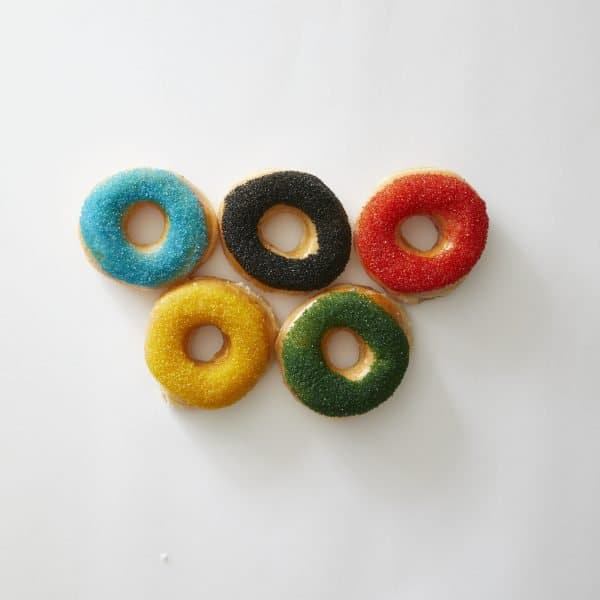 Darcy Miller Designs, Doughnut rings, Olympics, Olympics 2018, PyeongChang, doughnuts, sprinkles, sugar, Olympic rings, snack, breakfast, party, edible craft, Darcy Miller, DIY