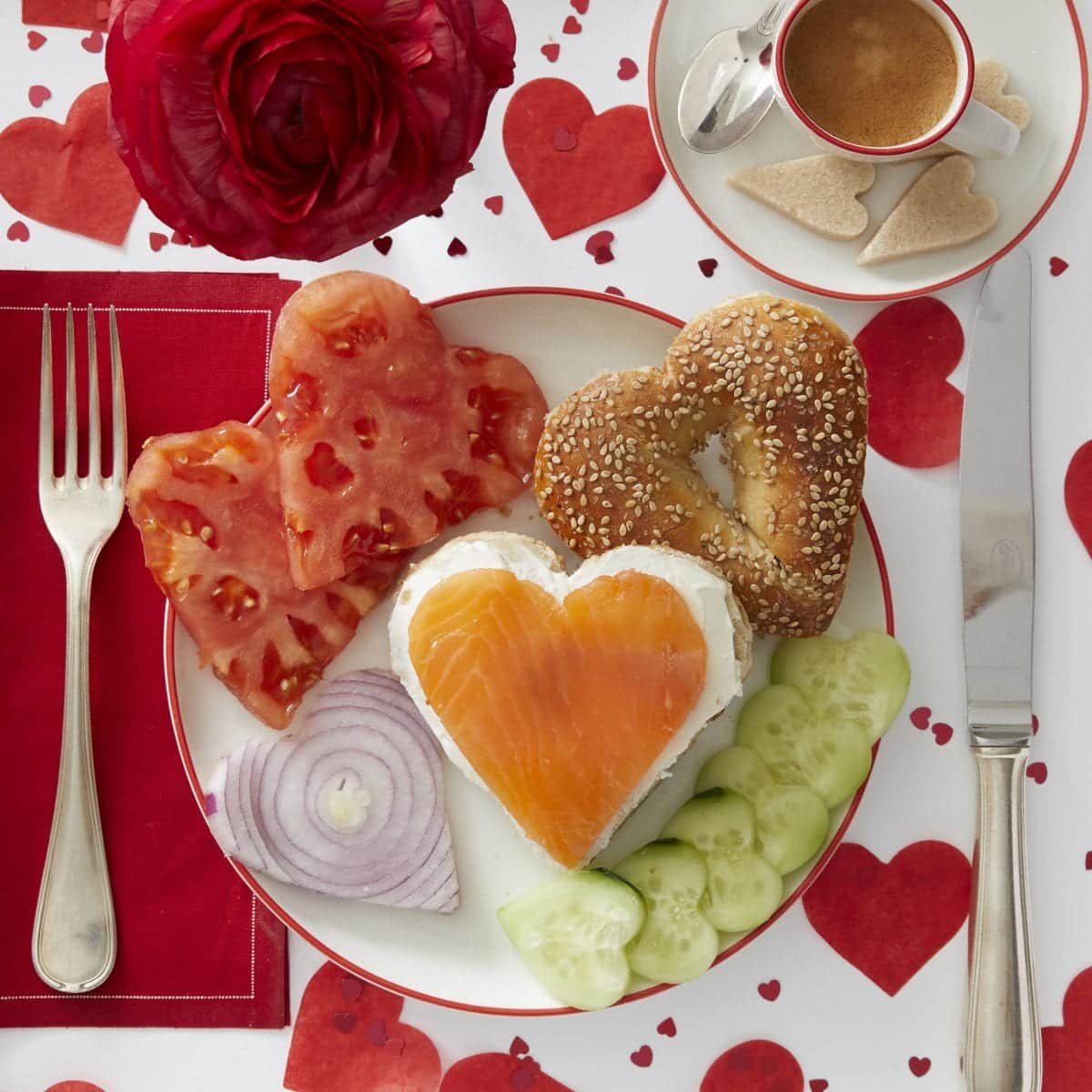 Darcy Miller Designs, Bagel Breakfast, Bagel, cookie cutter, valentines, heart-shaped, lox, cream cheese, cucumber, onion, tomato, bagel bar, brunch, cut out shape, Darcy Miller, DIY